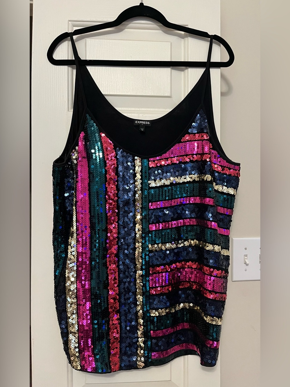 Express Black Sequin Striped Camisole with Pink, Teal & Gold Accents in XL.
